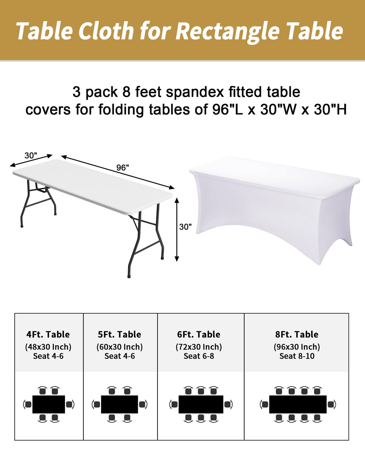 3 Pack 8FT White Tablecloth Rectangle Spandex Fitted Table Cover