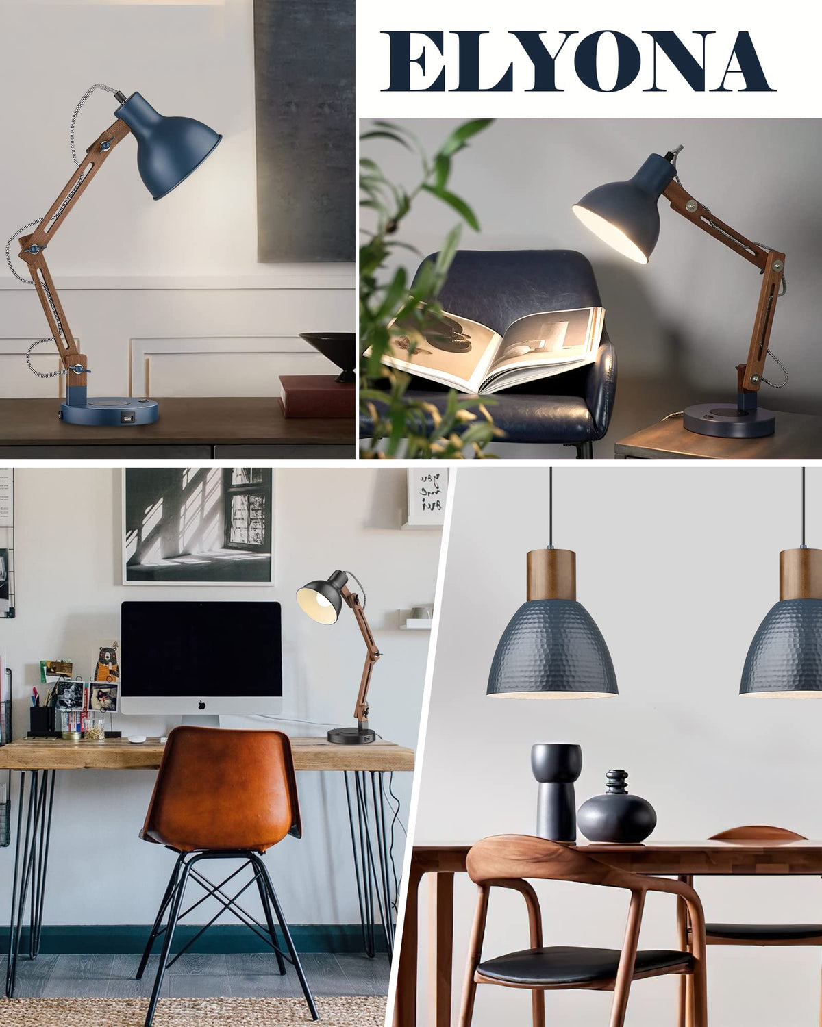 Sapele Wood Desk Lamp with Upgraded Wireless Charger, Swing Arm Table Lamp with USB C Charging Port, Reading Task