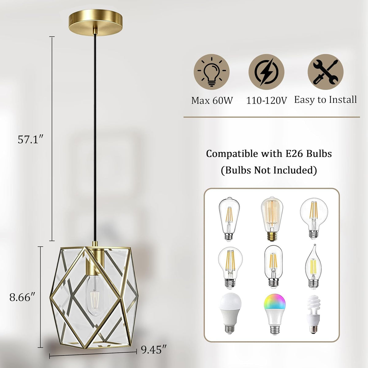 1-Light Modern Geometric Glass Pendant Light, Caged Hanging Light, Gold | Open Bottom Design, Stable Metal Frame