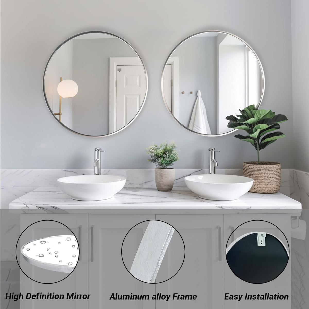 Round Mirror 22 inch, Nickel Bathroom Mirror, Brushed Metal Frame