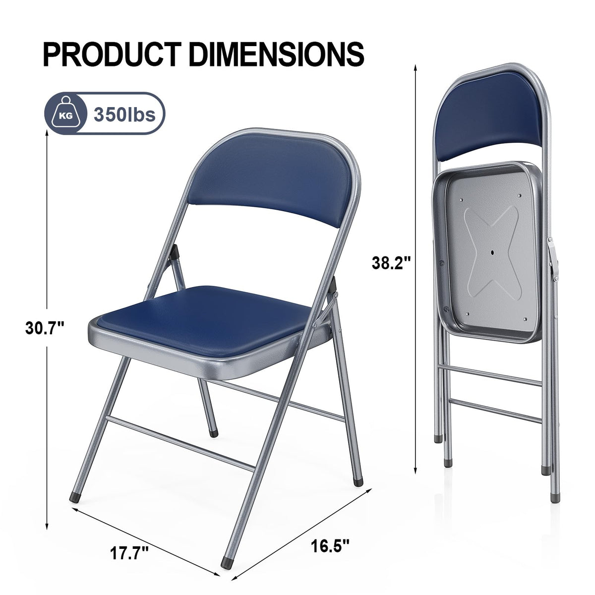 2 Pack Folding Chairs with Padded Seats, Metal Frame with Pu Leather Seat & Back, Capacity 350 lbs, Set of 2, Blue