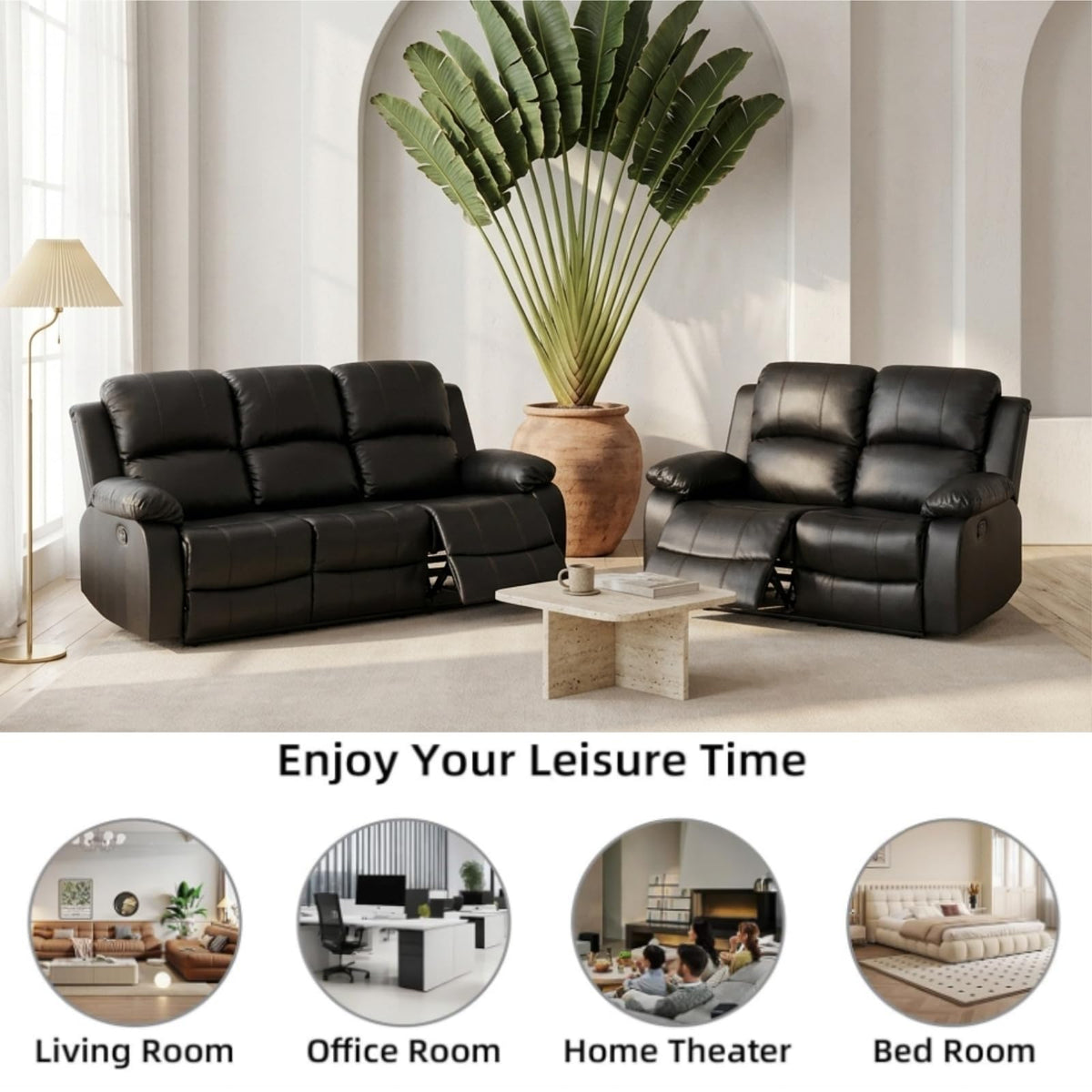 Manual Leather Reclining Couch Set, 1 Loveseat, 3 Seat Sofa, Black