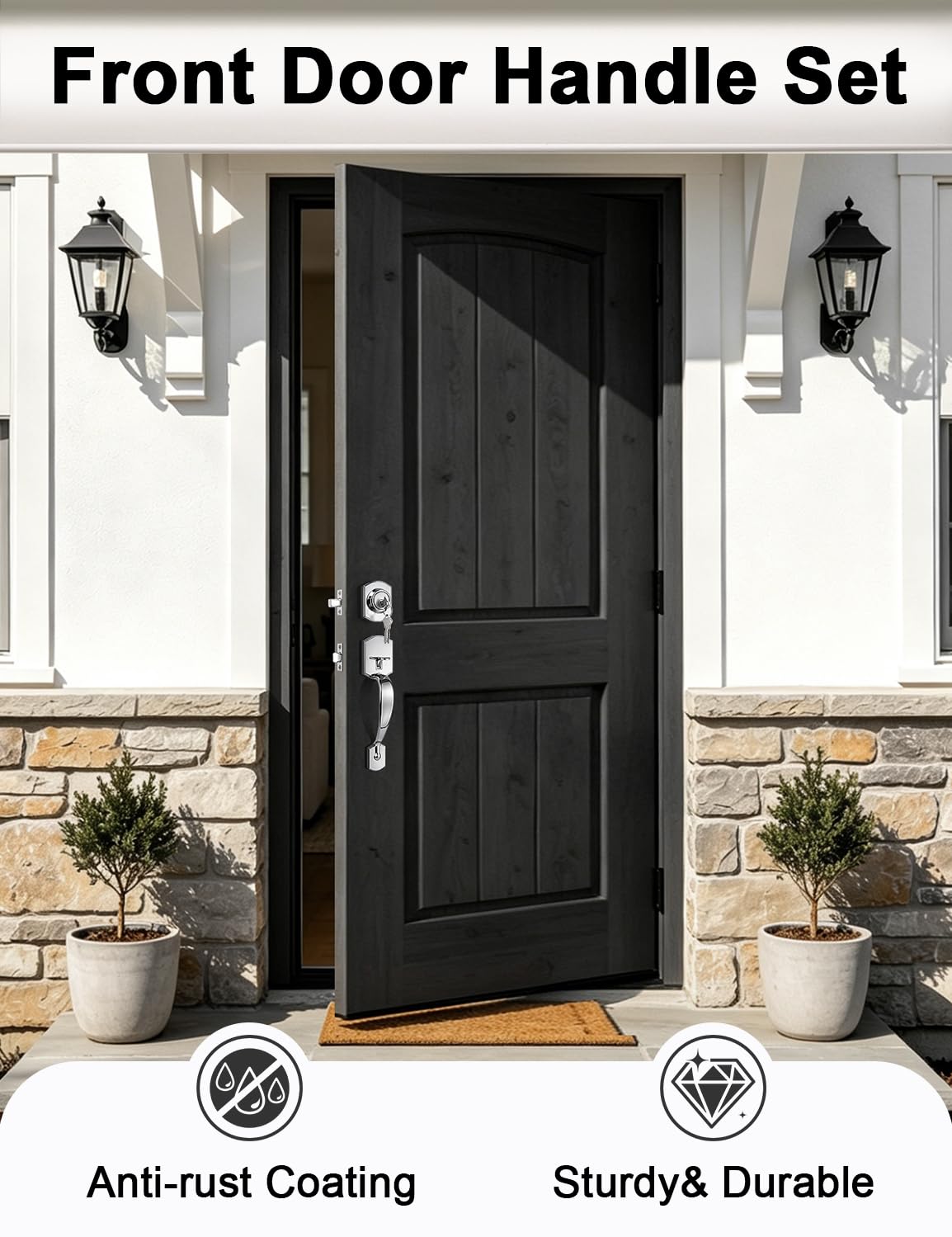 Camelot Front Door Handle and Deadbolt Set, Bright Chrome Front Door Lock Set, Upgated Entry Door Handle with Accent