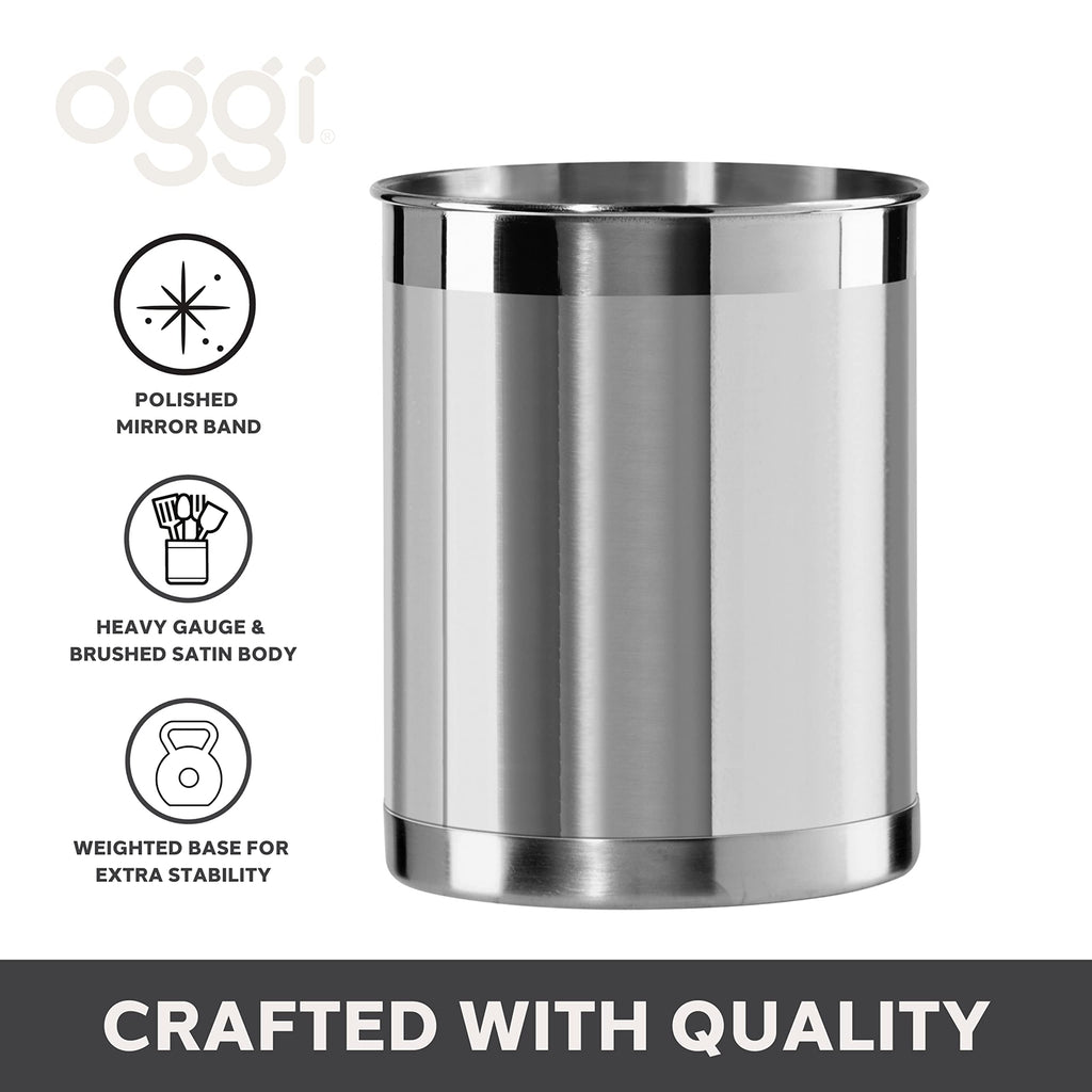 Stainless Steel Utensil Holder - 5" Diameter, Utensil Caddy, Weighted Base for Stability - Larger-Sized Utensil Crock