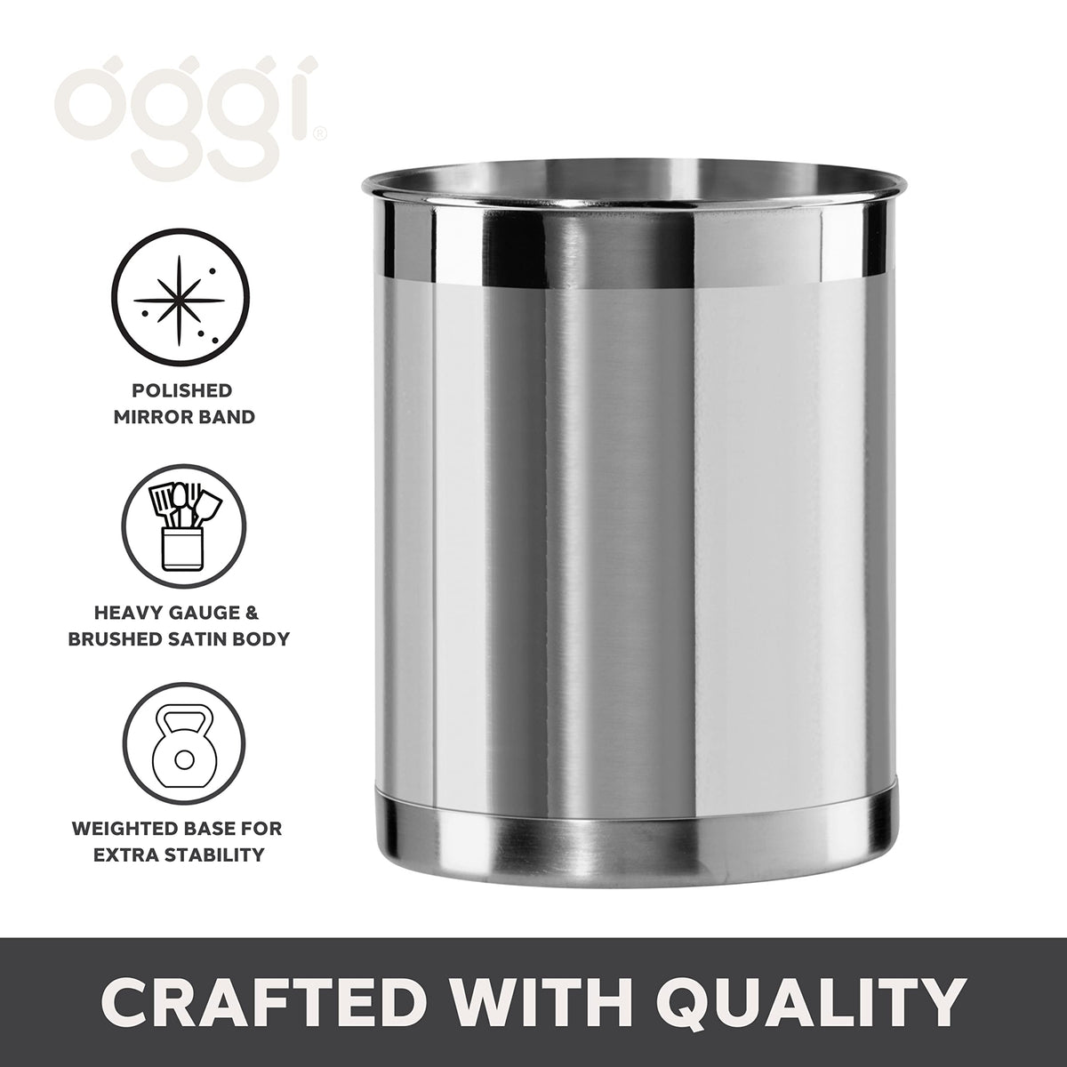 Stainless Steel Utensil Holder - 5" Diameter, Utensil Caddy, Weighted Base for Stability - Larger-Sized Utensil Crock