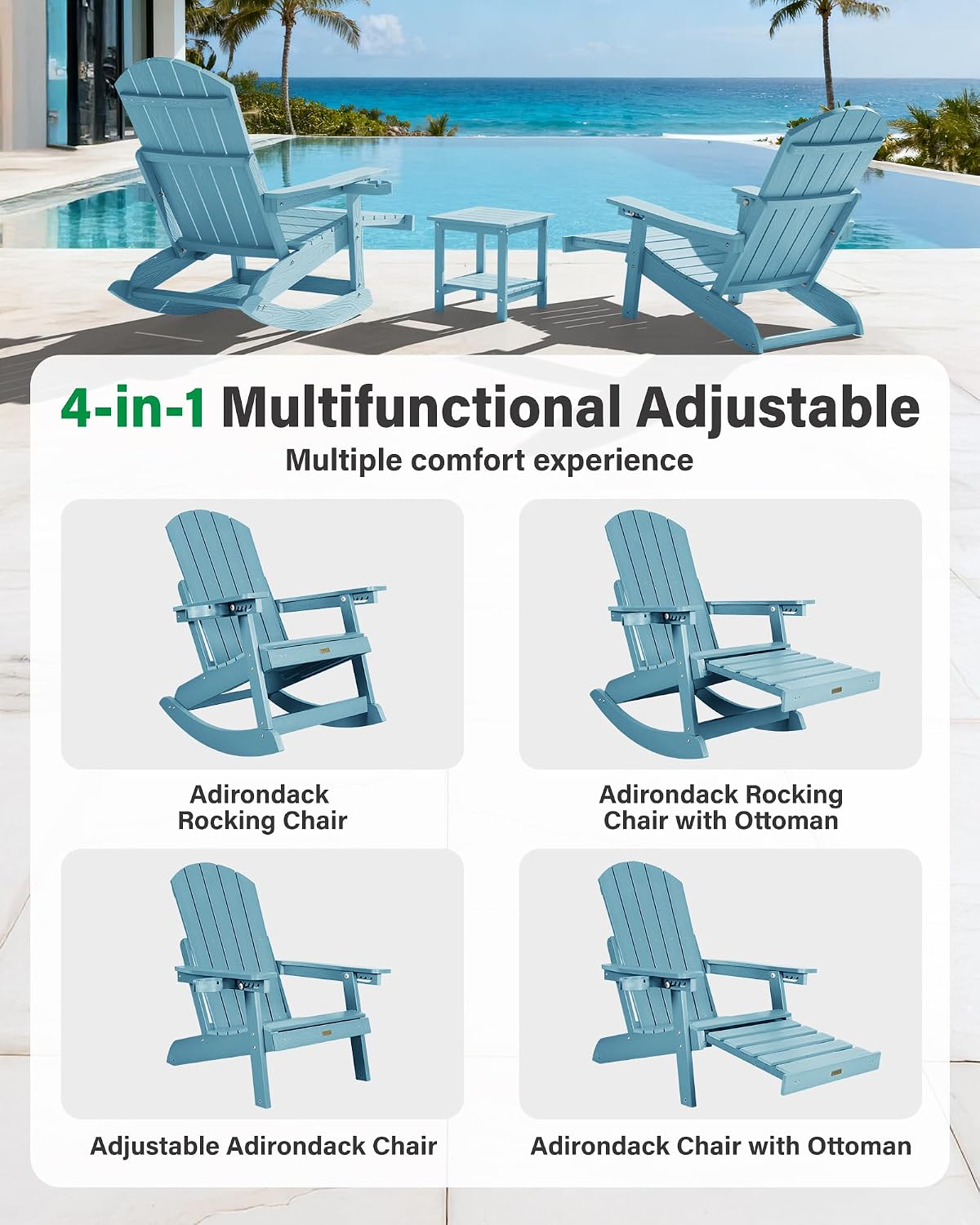 Adirondack Rocking Chairs Set of 2, with Footrest, All-Weather, Blue | 5- Level Adjustable Backrest, Retractable