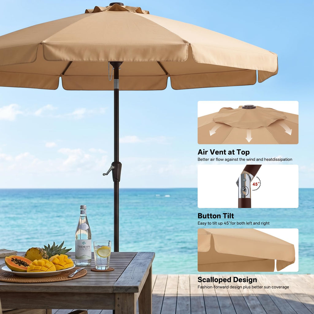 11FT Scalloped Patio Umbrella Table Market Umbrella, Khaki