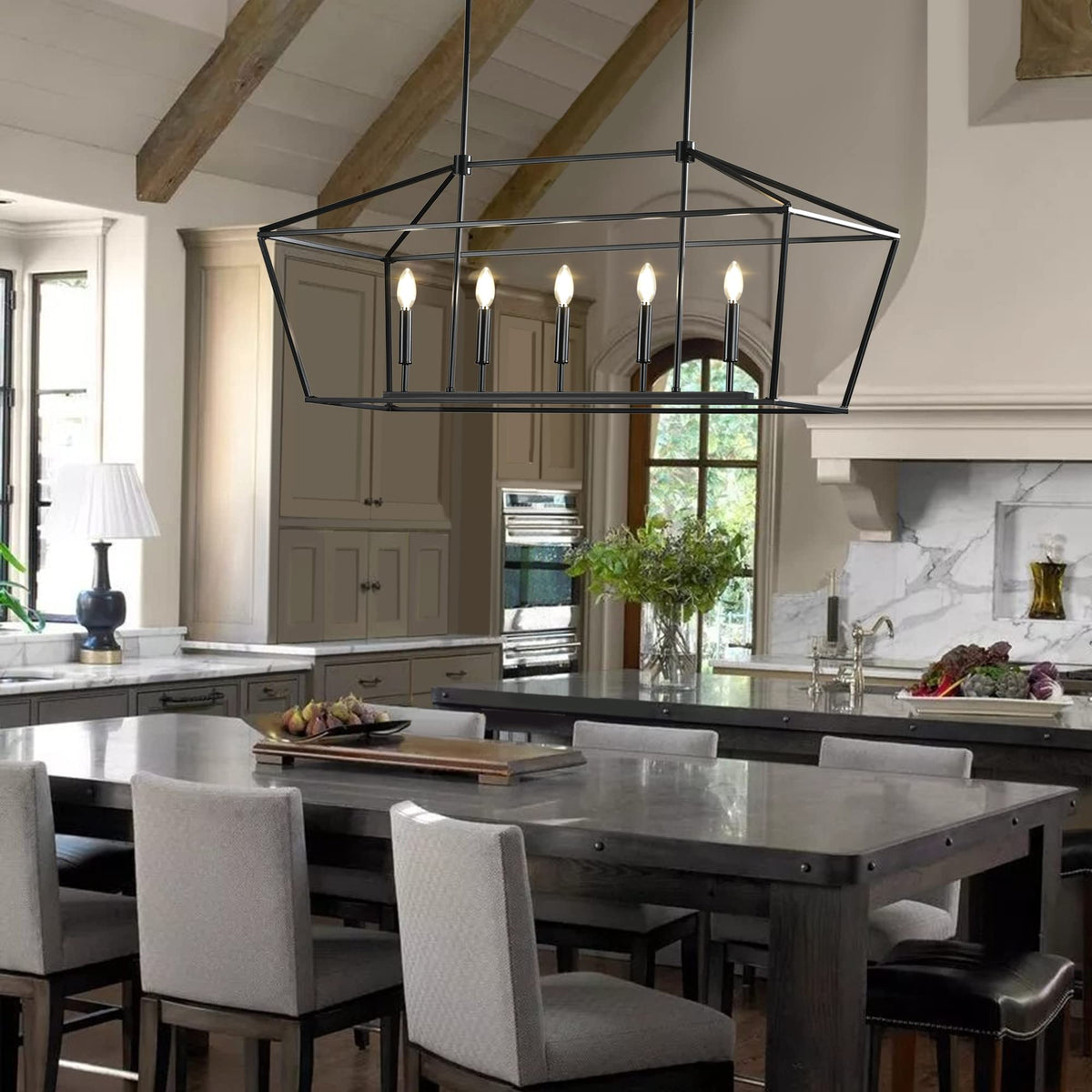 Farmhouse Chandelier 5-Lights Black Kitchen Island Dinning Light Fixtures Industrial Height Adjustable Hanging