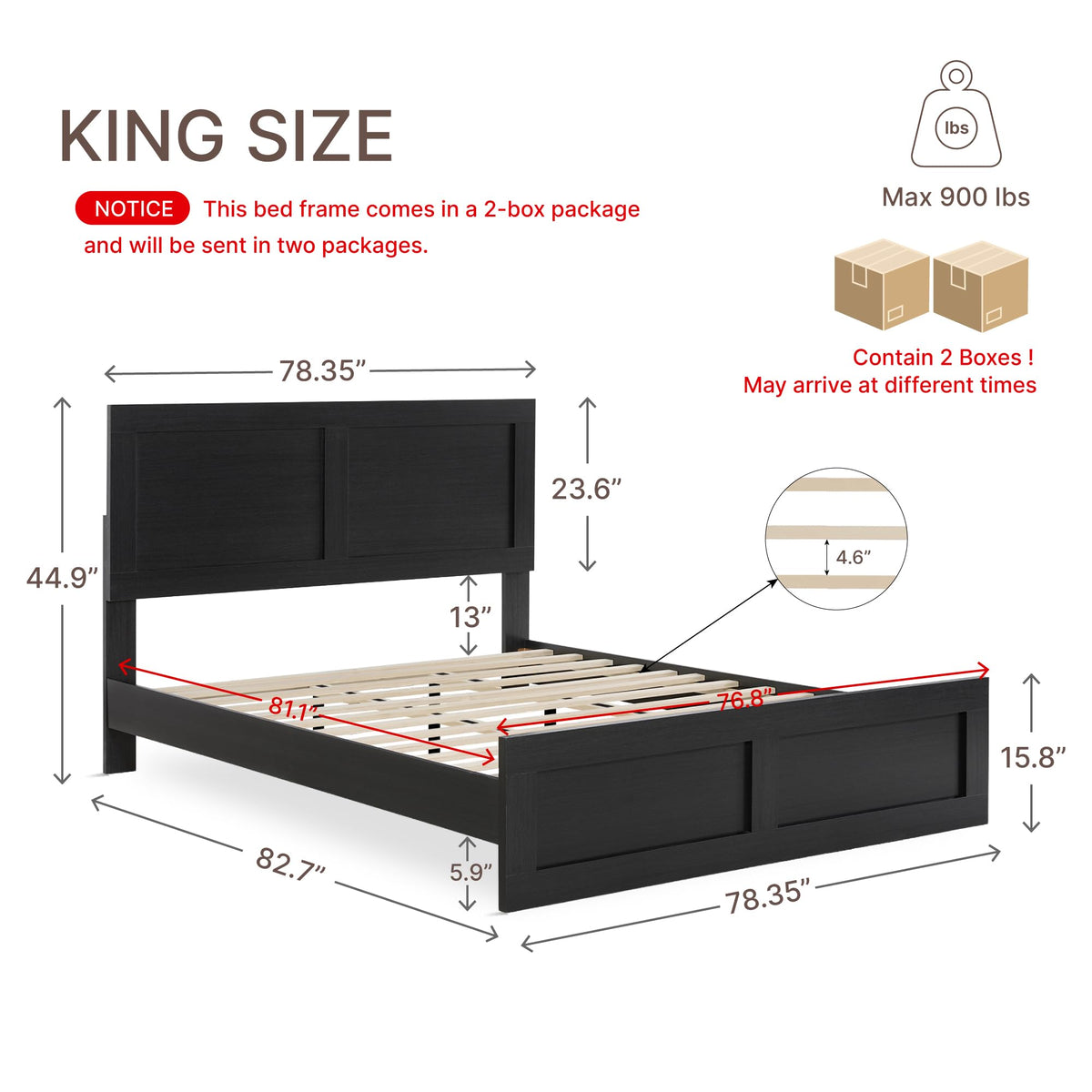 Wood Bed Frame with Headboard and Footboard, Black, King