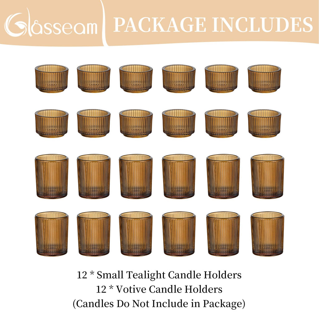 Glass Votive Candle Holders Bulk 24 Amber Ribbed Tealight for Fall