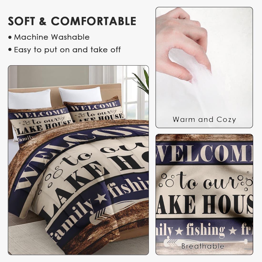 Comforter Set, 3 Pieces Cabin Fishing Bedding, All Season