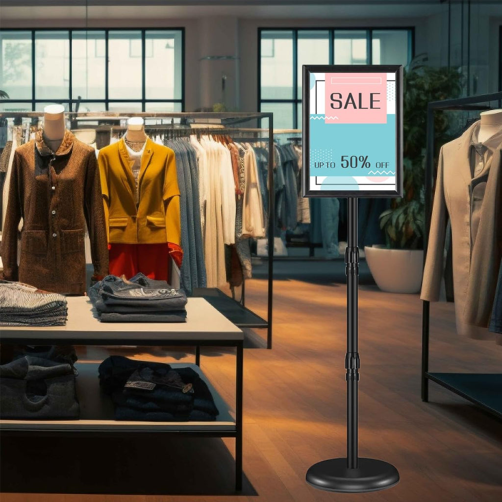 Adjustable Sign Holder Stand 8.5x11 inch, Floor Standing Sign Holder, 360° Rotation, Signage Stand with Snap-Open