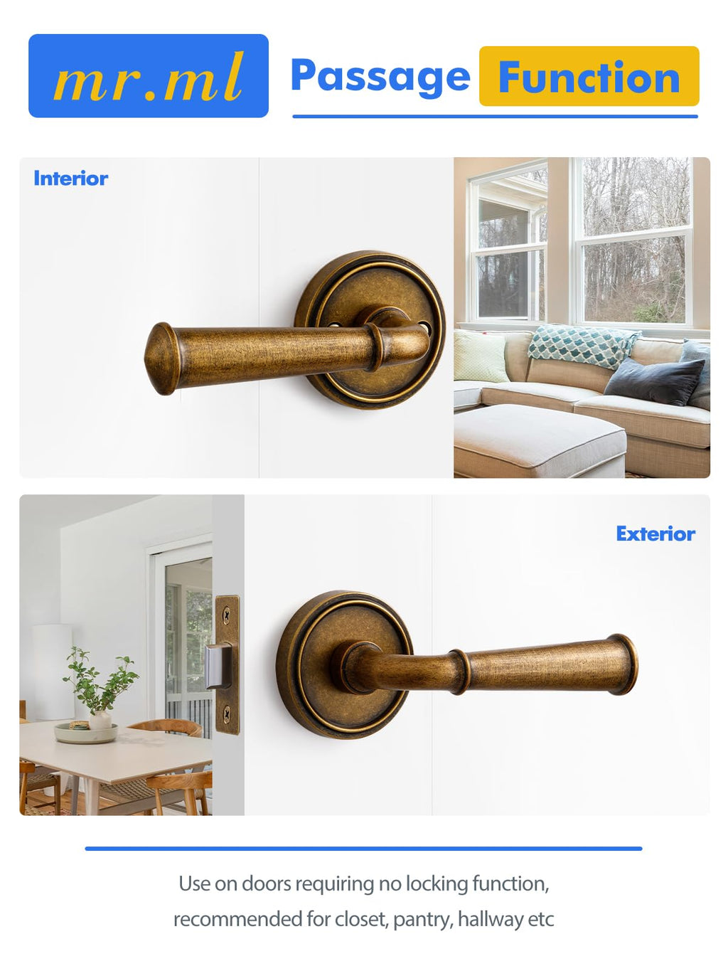 Door Handles Antique Brass Retro Passage Vintage Door Lever, 2 Pack