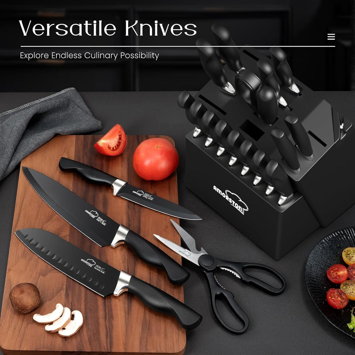 Knife Set, 21 Pieces Kitchen Knife Set with Block and Sharpener, Ultra-Sharp Knives Set with Ergonomic Handles, Black