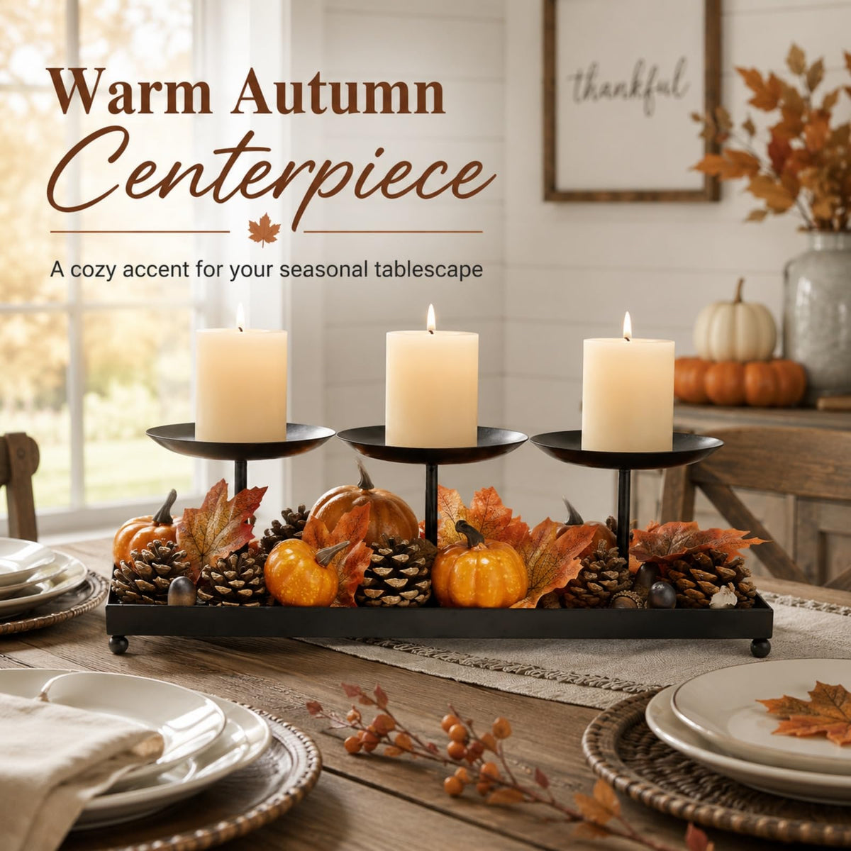 3 Pillar Candle Holders Centerpiece, Fall Dining Room Table Decor