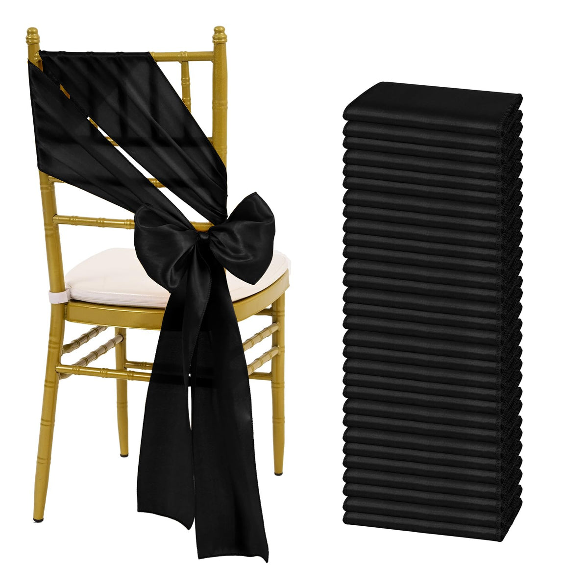 Black Satin Chair Straps Bows, 60 PCS 7x108 Inch, Chair Sash