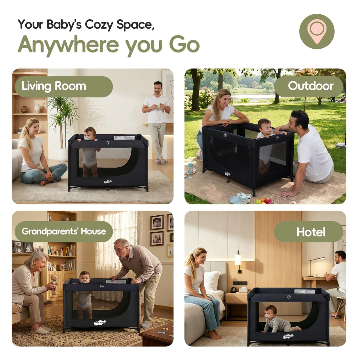Play Yard Portable Baby Crib Foldable Playard Leightweight Travel Playpen for Tooddlers and Infant Black
