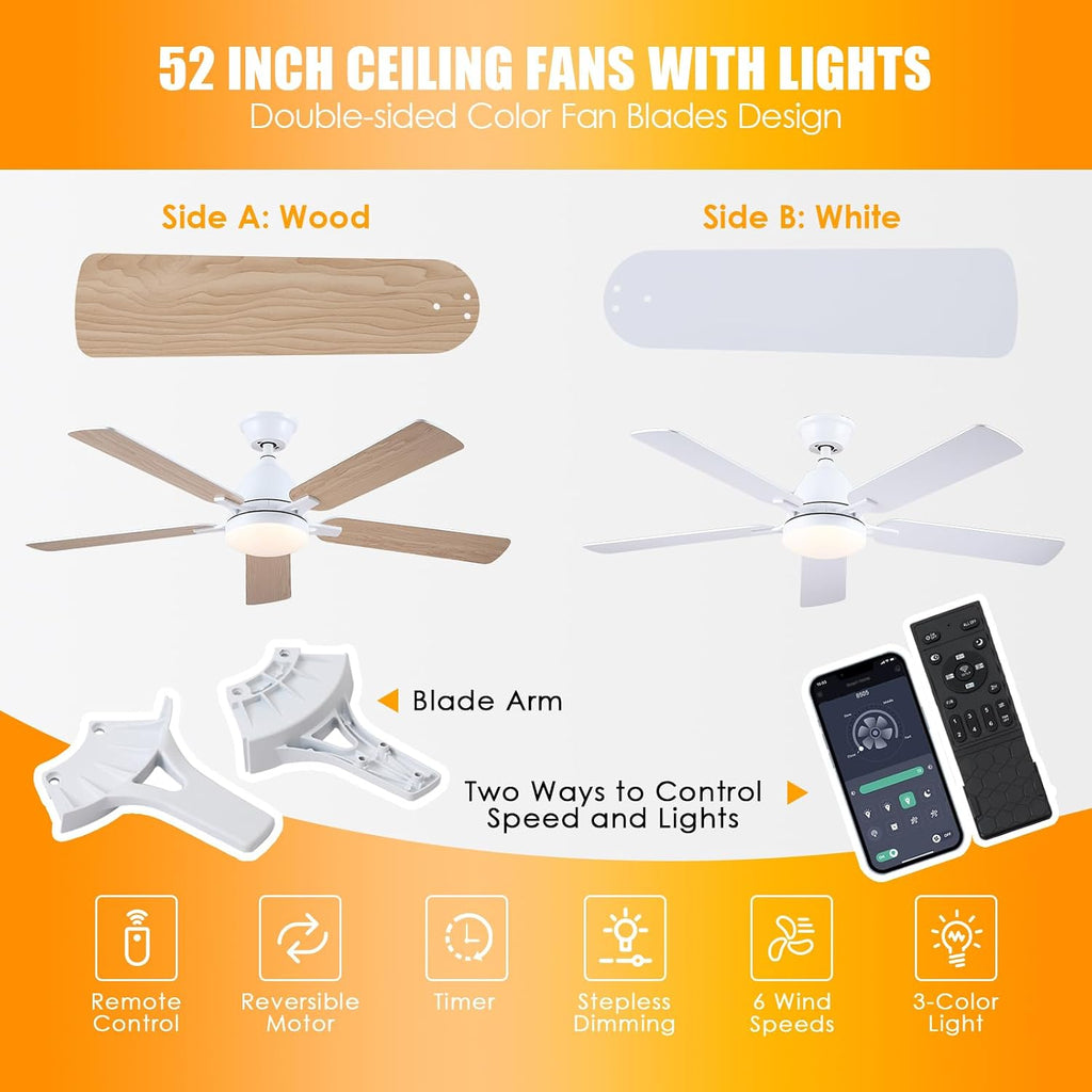 52" White Indoor/Outdoor Flush Mount Ceiling Fan with Light & Remote
