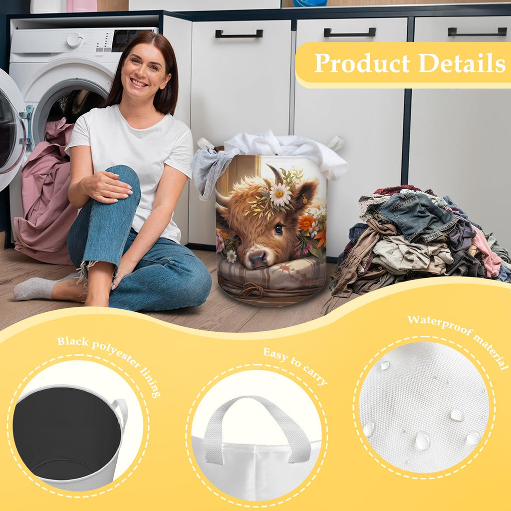 Highland Cow Laundry Basket, Farmhouse Floral Western Cow Waterproof Collapsible Laundry Hamper Dirty Clothes Storage