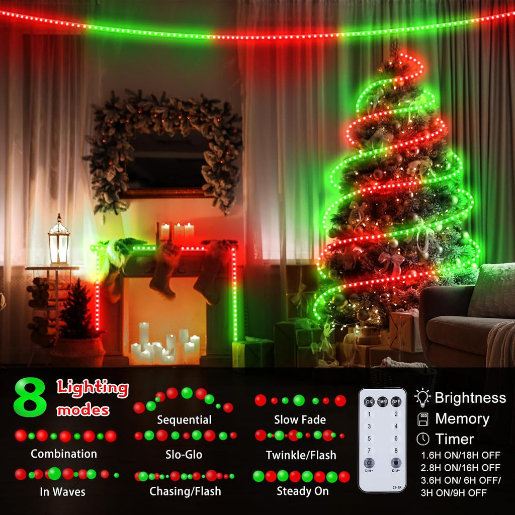Christmas Rope Lights Outdoor, 50Ft 600 LED Red and Green String Lights, Waterproof Tube Light Plug in 8 Modes Timer