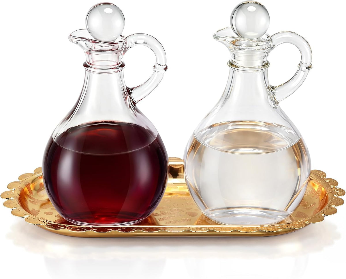 Catholic Church Oil & Vinegar Bottle Dispensers Glass Cruet Set with Tray - Set of 2