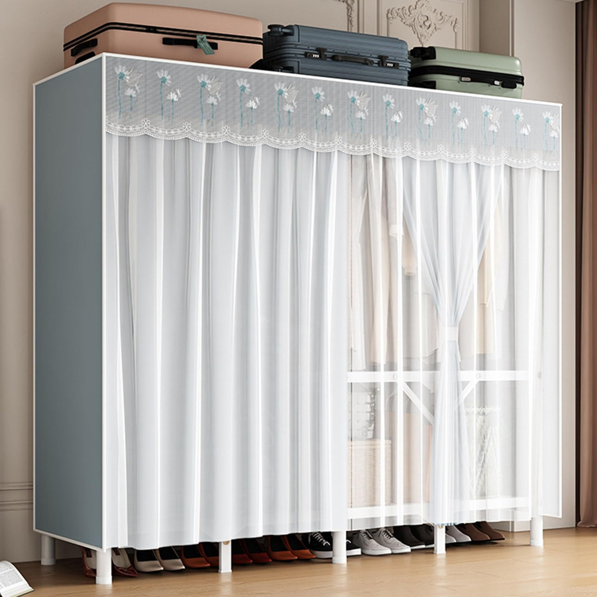 Portable Wardrobe Closet, Metal Freestanding Armoire with Fabric Cover, Large Capacity Clothes Organizer with Shelves