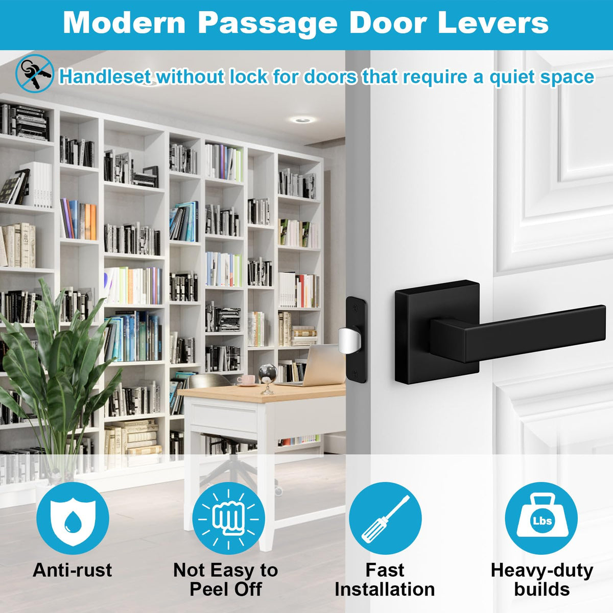 6 Pack Door Handles Matte Black - Passage Door Knobs Interior Square Door Levers, Heavy Duty Non-Locking Leversets