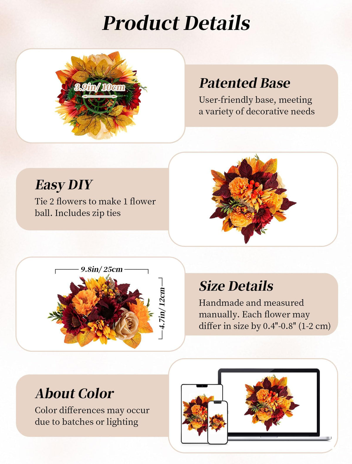 Fall Centerpieces for Tables Decorations, 2 Pcs, Red and Orange