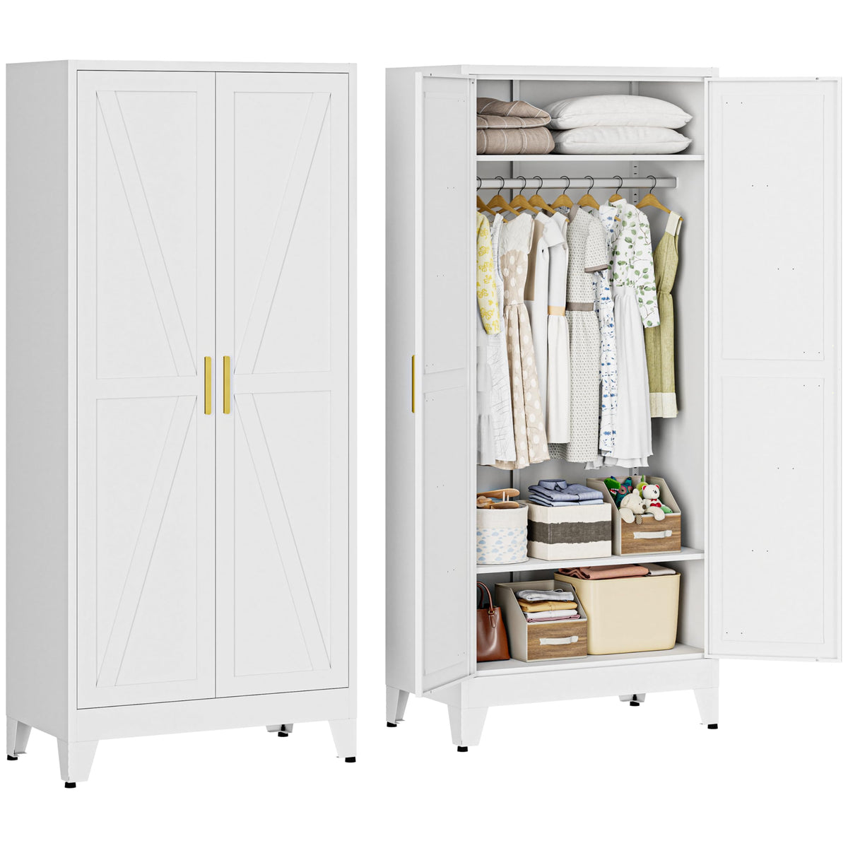 71" Metal Wardrobe Closet Clothing Storage Cabinet with Hanging Rod