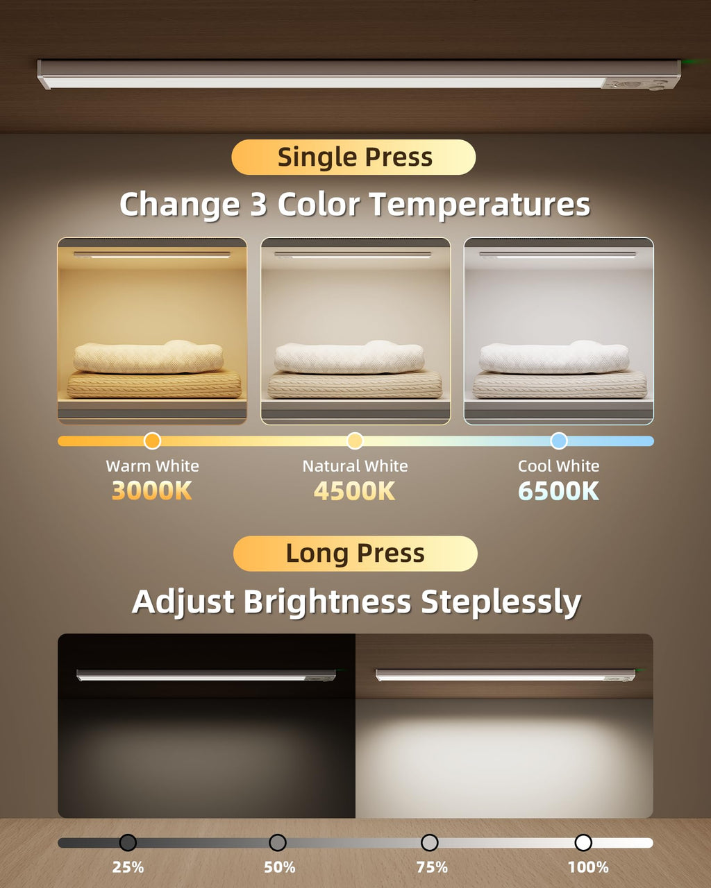 Under Cabinet Lighting Wireless, 6Pack 17'' Rechargeable Closet Lights, LED Motion Sensor Indoor, Dimmable & 3 Color