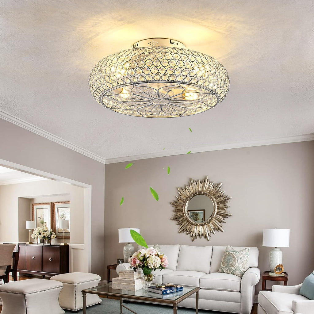 20" Flush Mount Caged Crystal Ceiling Fan with Light & Remote