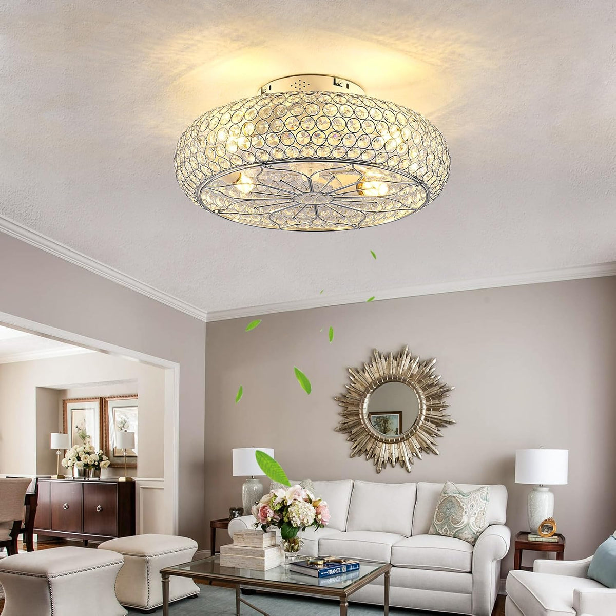 20" Flush Mount Caged Crystal Ceiling Fan with Light & Remote