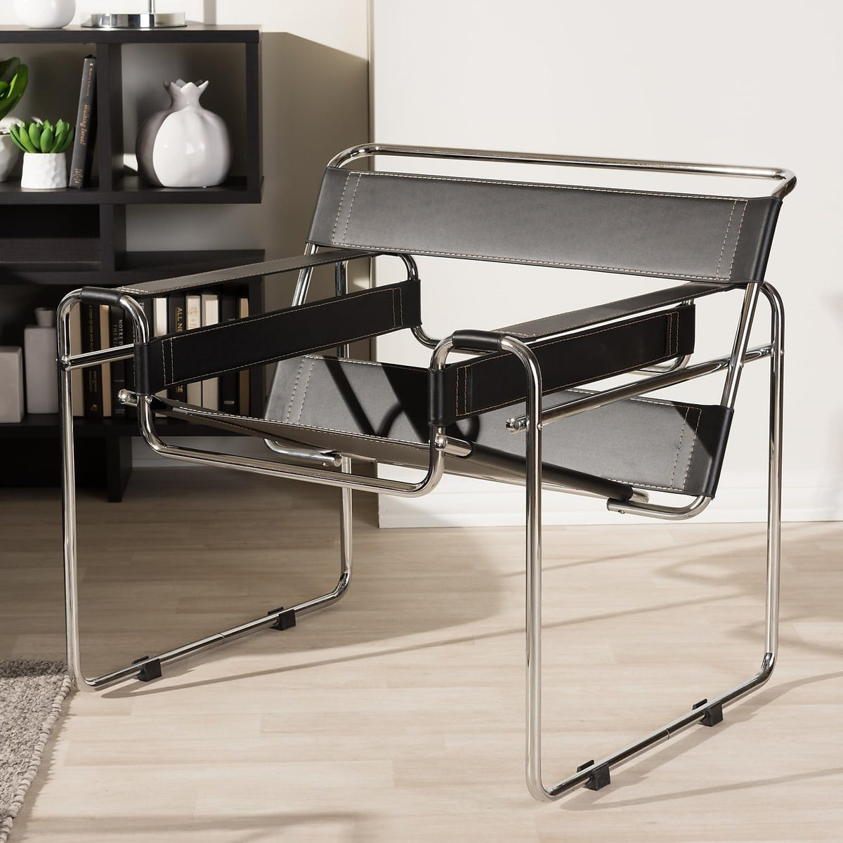 Inspired Wassily Style Mid Centry Modern Accent Chair, Steel Frame and Faux Leather, Wide Seating
