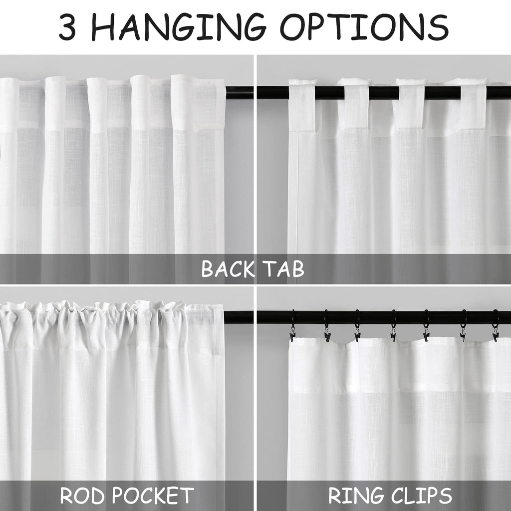 White Linen Curtains 83 Inch Length 2 Panels Set Back Tab Rod Pocket Semi Sheer Window Curtain Drapes Neutral Rustic