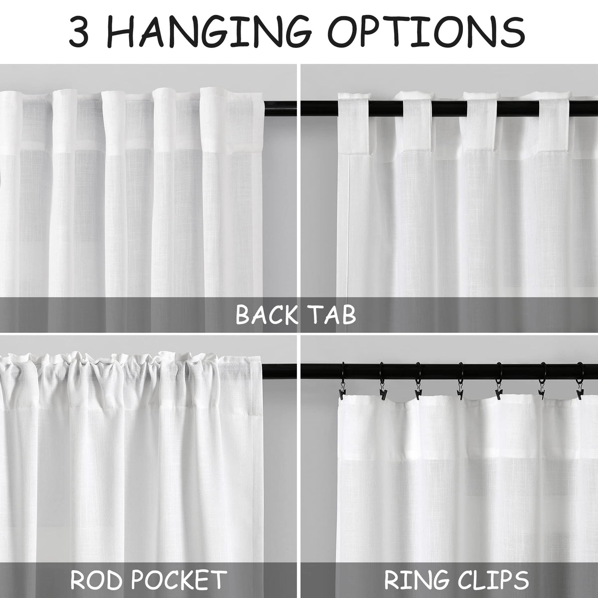 White Linen Curtains 83 Inch Length 2 Panels Set Back Tab Rod Pocket Semi Sheer Window Curtain Drapes Neutral Rustic