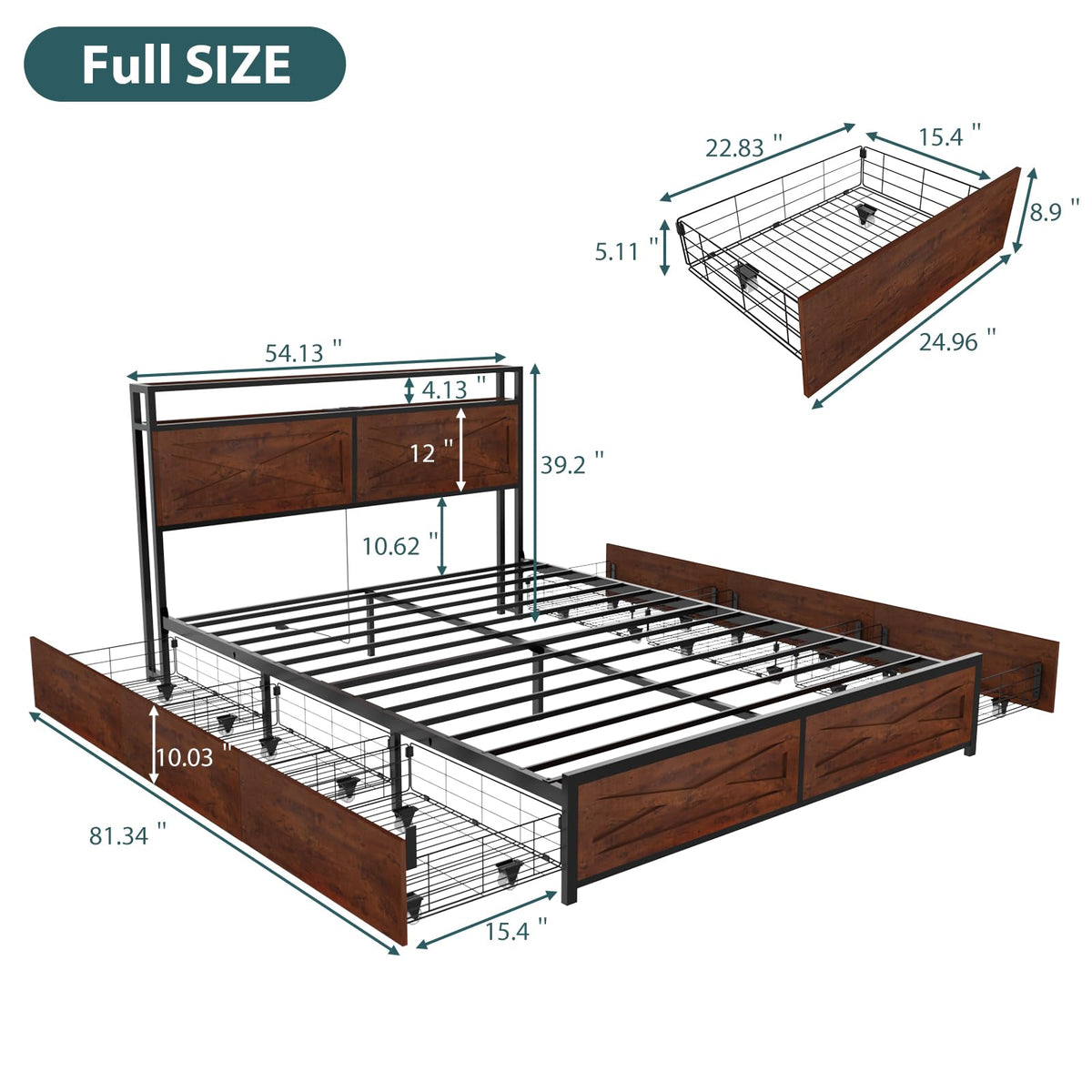 LED Bed Frame with 6 Storage Drawers, Farmhouse Headboard w/Charging Ports Station - Size Platform Bed Frame