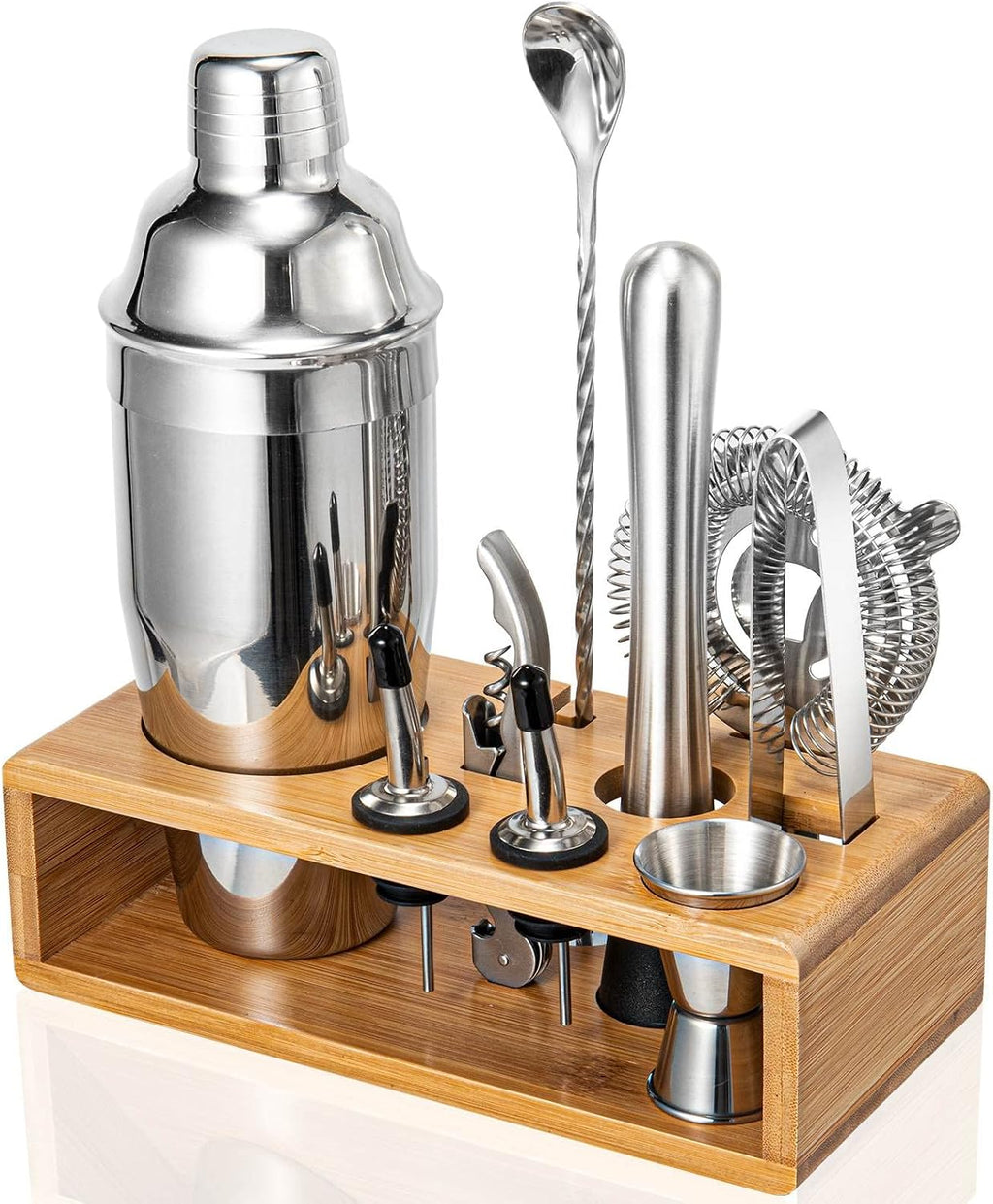 Cocktail Shaker Set, 18/8 Food-Grade Stainless Steel Mixology Bartender Kit 10-Piece Bar Tools with Stylish Bamboo - Set of 10