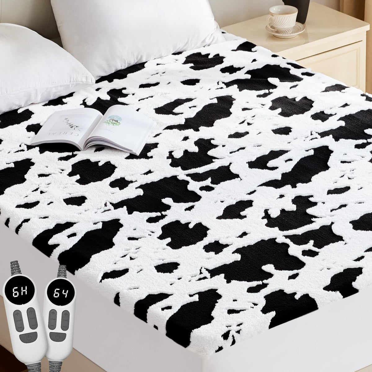 Heated Mattress Pad King Size, Jacquard Cow Pattern Bed Warmer Pad