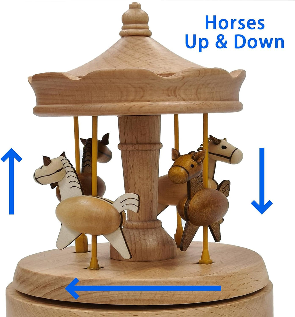 Wooden Carousel Music Box with Moving & Elevating Horses, Rotating Wind-Up Decor, Collectible Mechanical Musical Box