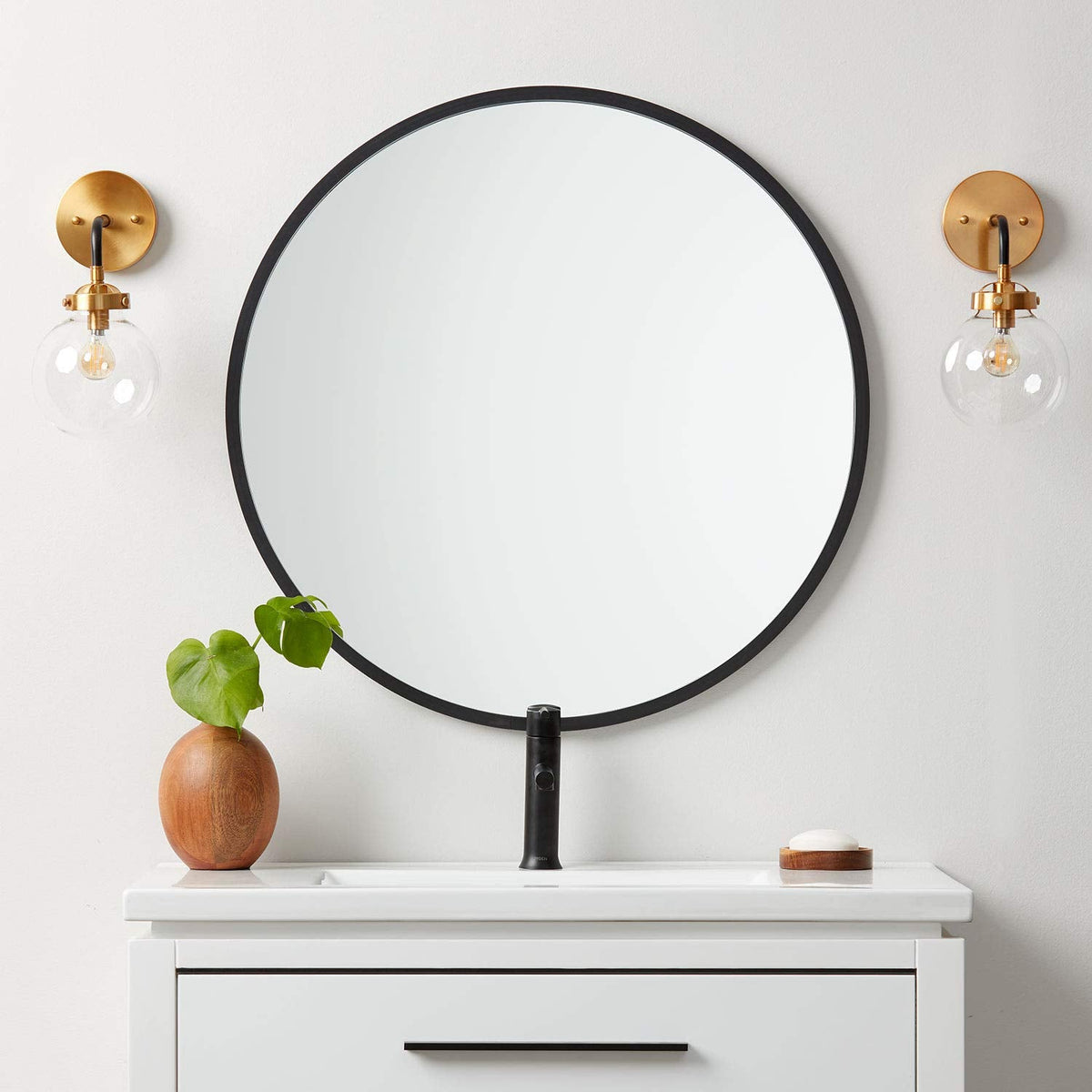 30" x 30" Black Rubber Framed Mirror | Round Bathroom Wall Mirror