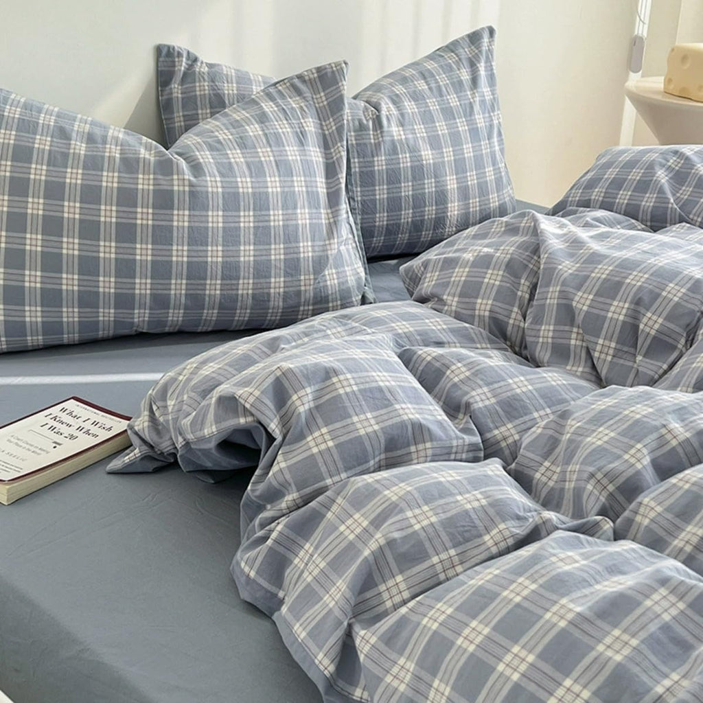 Blue Gingham Comforter Set Reversible Plaid Bedding Set