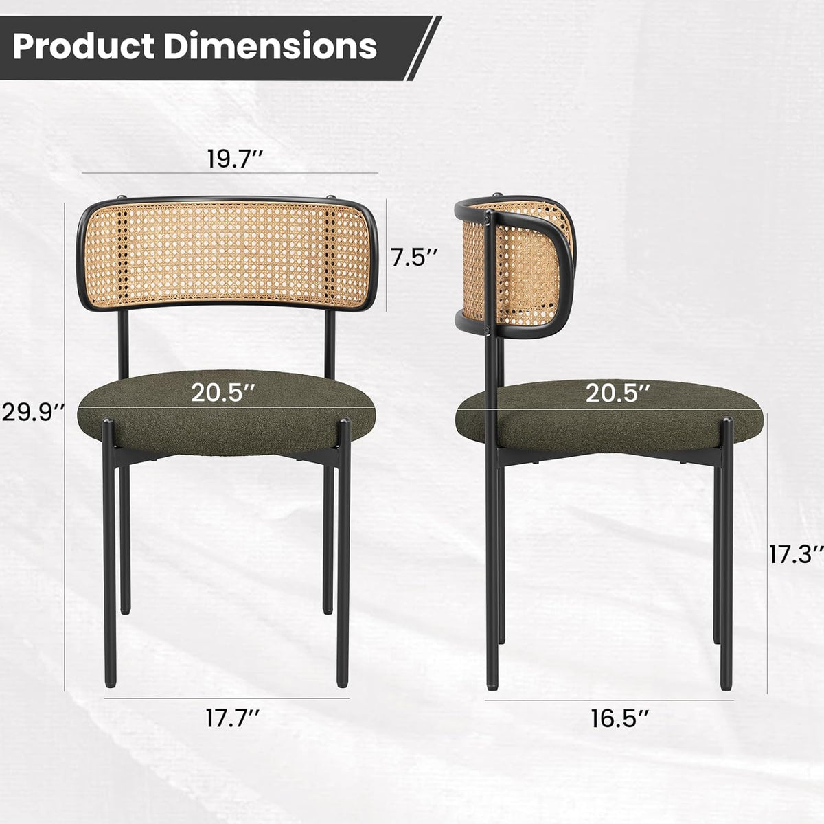 Modern Dining Chairs Set of 2, Upholstered Chairs with Rattan Back and Metal Legs, Green