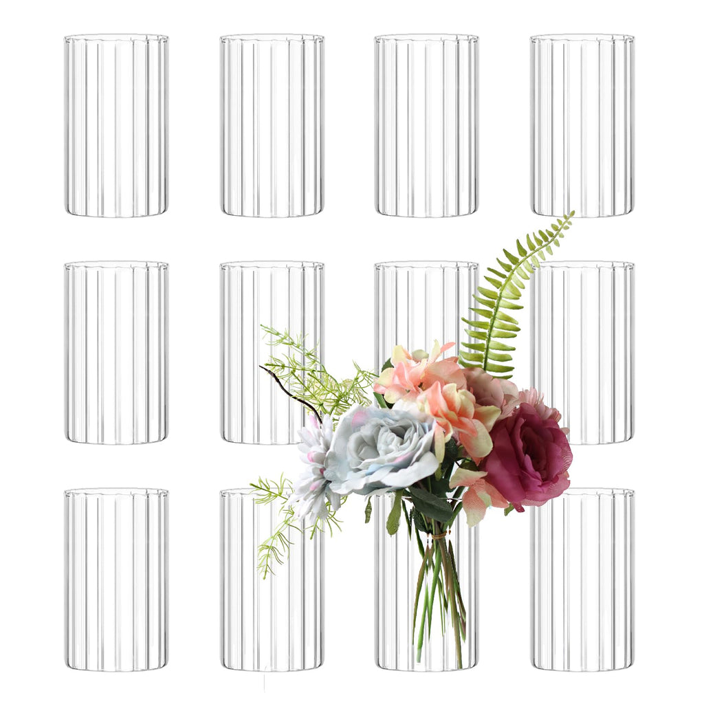 12Pcs Glass Cylinder vases for Centerpieces, 6 Inches Clear Ribbed Bud Vases for Wedding Decorations, Floral Vase Bulk