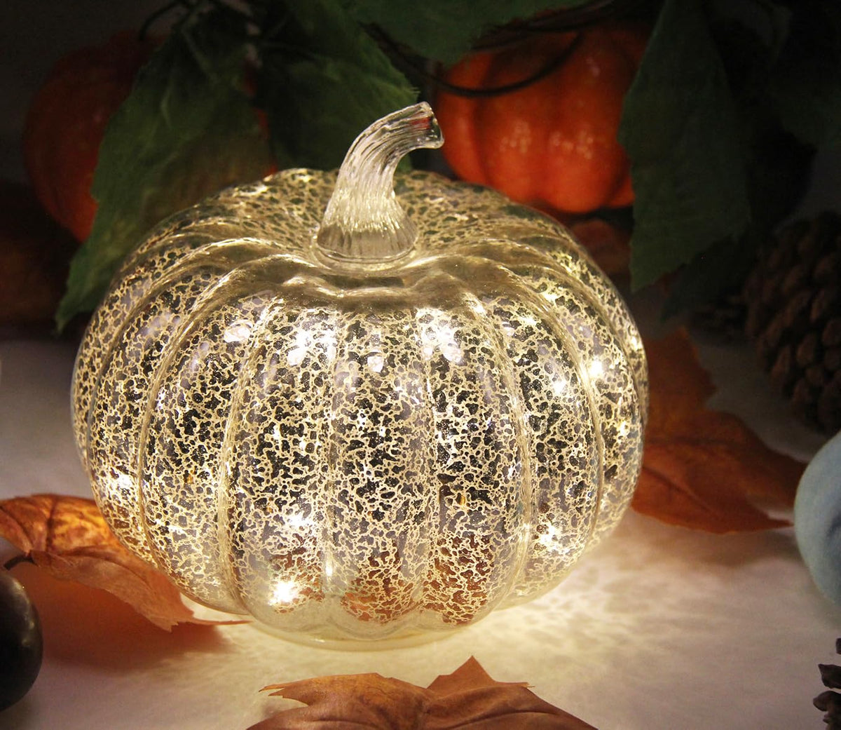 Decorations, Mercury Glass Pumpkin Lights with Timer(Silver)