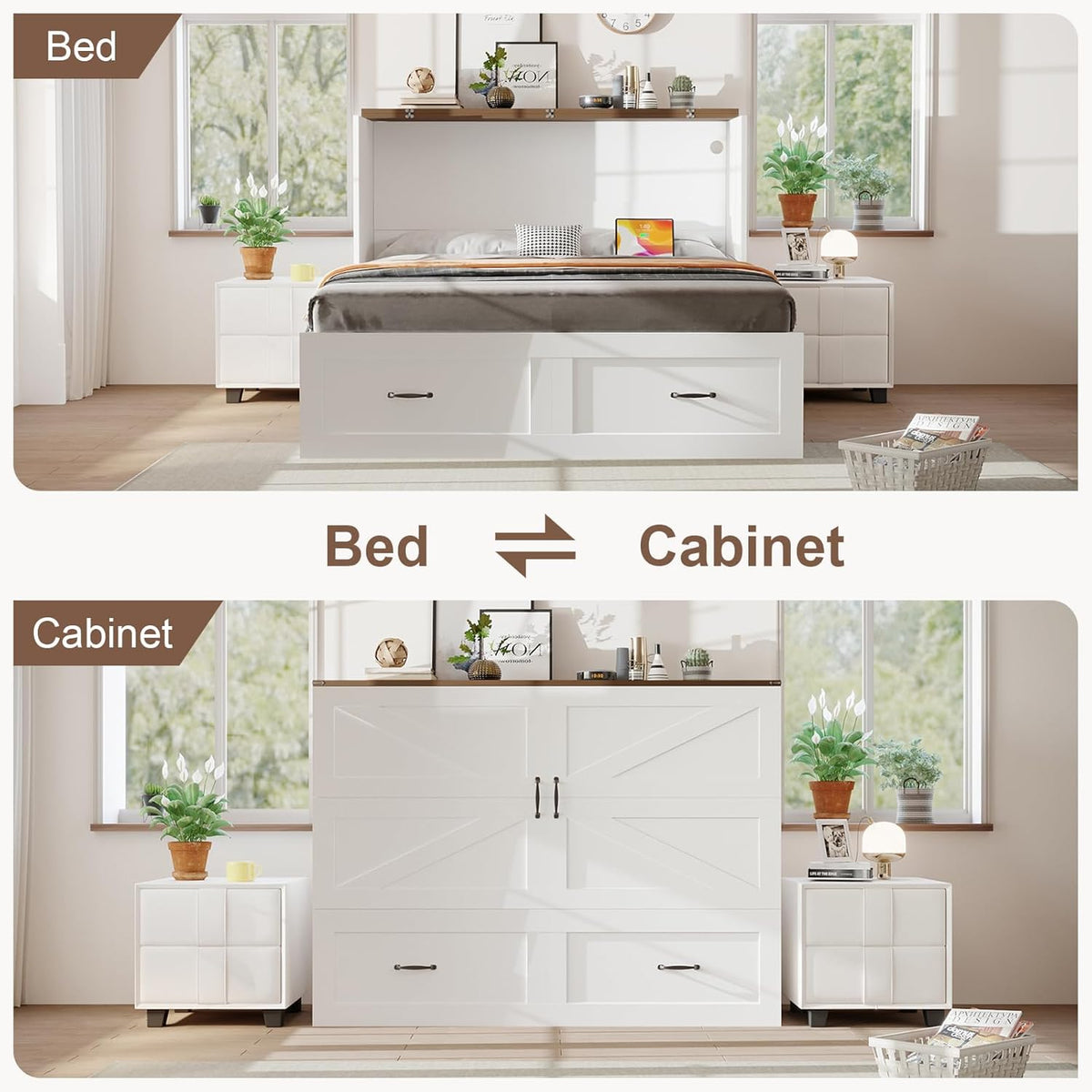 Full Murphy Bed with Storage & Charging Station, Murphy Cabinet Bed with Drawer for Guest Bedroom, Living Room