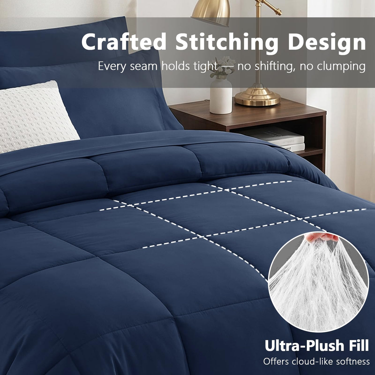 Comforter Set Navy, 7 Pieces Bed in a Bag