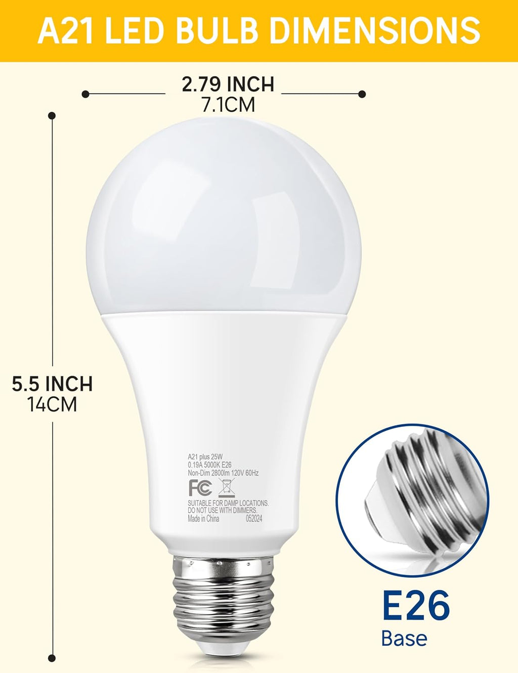 LED Light Bulbs, 25W Bright White 5000K, A21 E26, 2pcs
