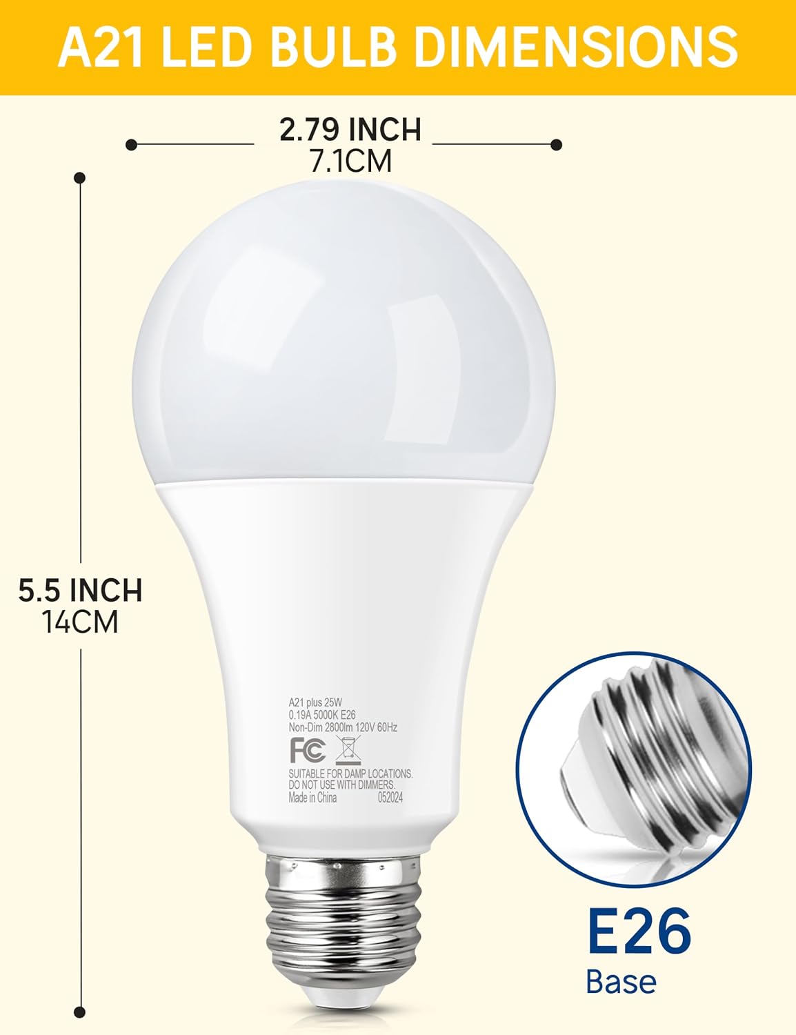 LED Light Bulbs, 25W Bright White 5000K, A21 E26, 2pcs
