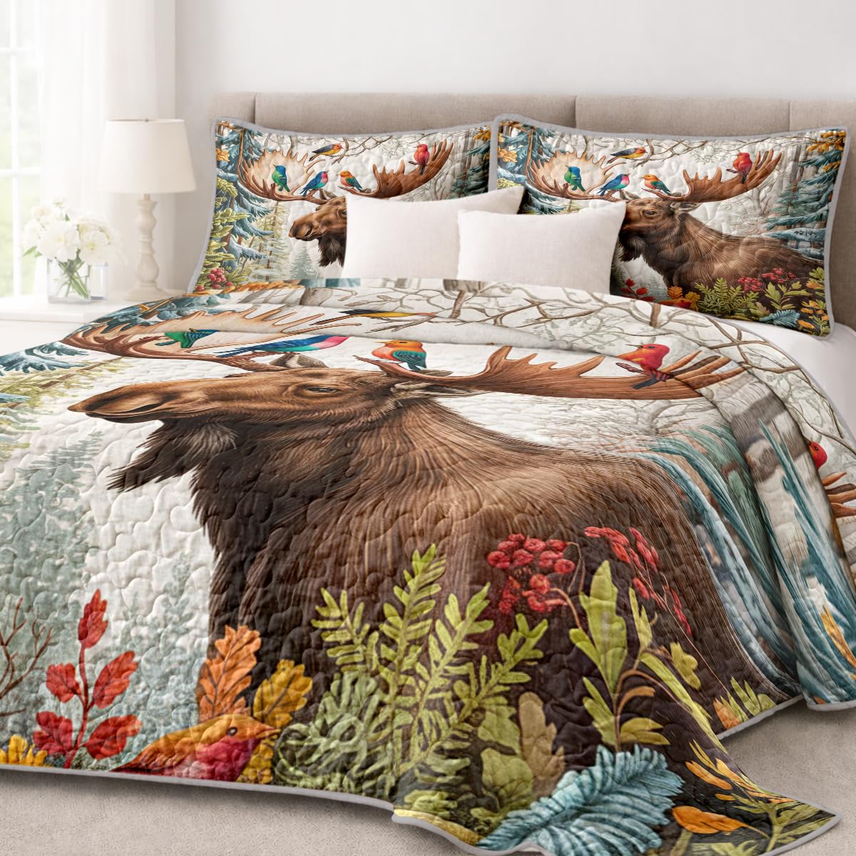 Moose Hummingbird Quilt Set 2 Pieces Woodland Bedding Rustic Cabin Bedspread with 1 Pillowcase Forest Animal