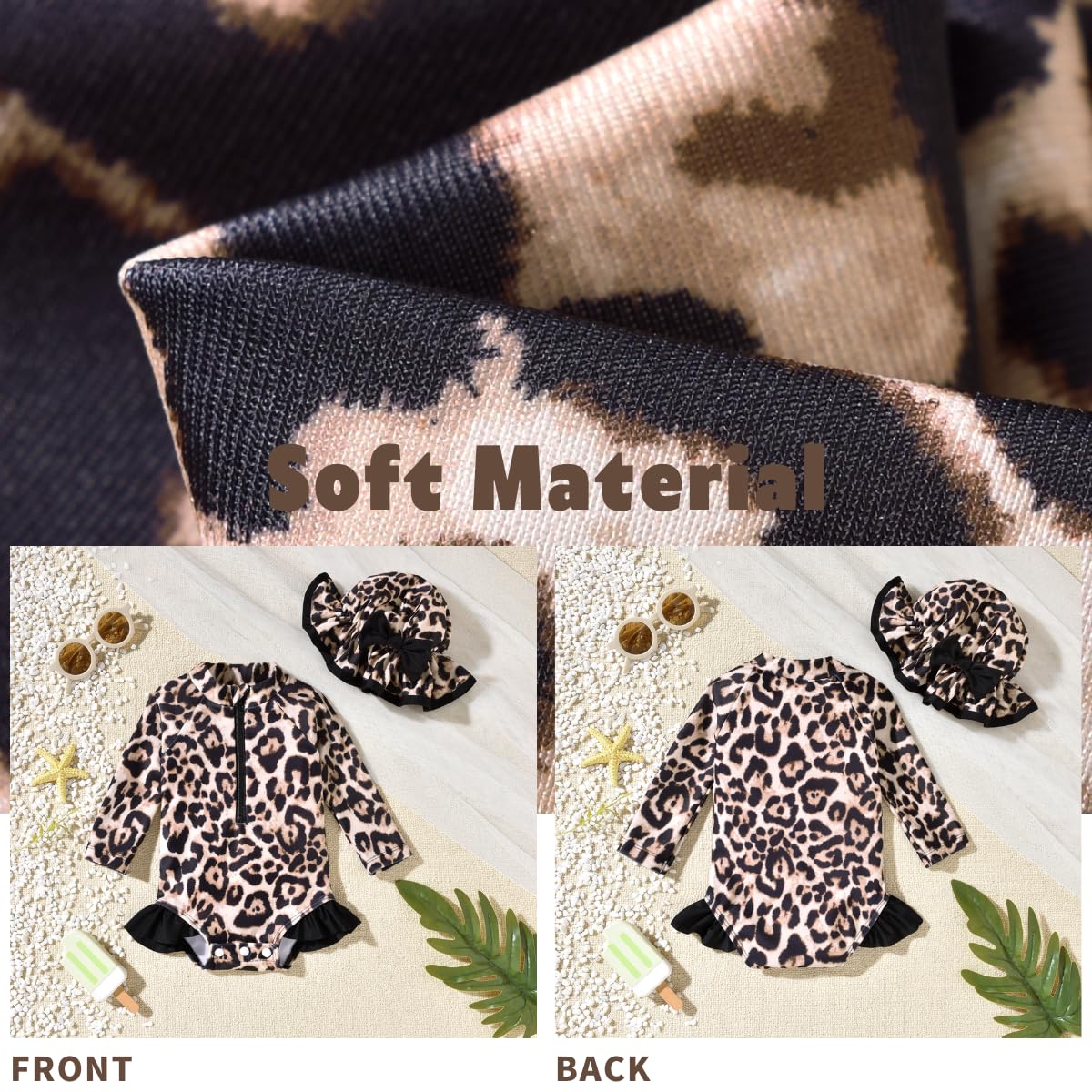 Infant Baby Girls One Piece Long Sleeve Swimsuit Cheetah Leopard Bathing Suit Zip Up Swimwear Beach Wear